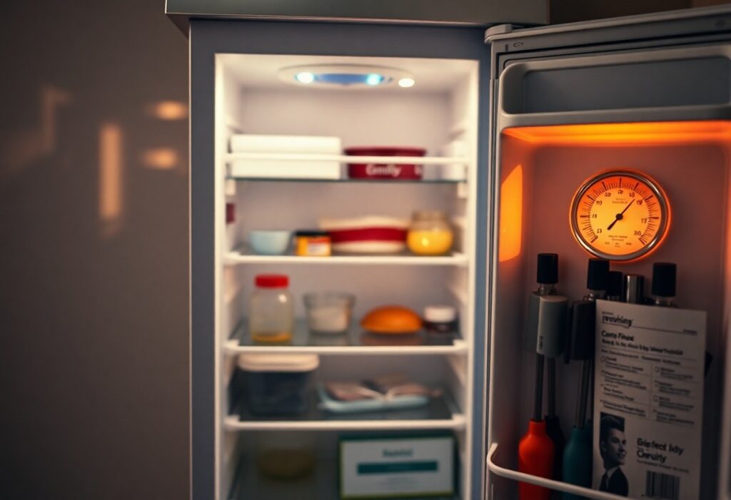 Interiores de nevera con alimentos y medidor temperatura.