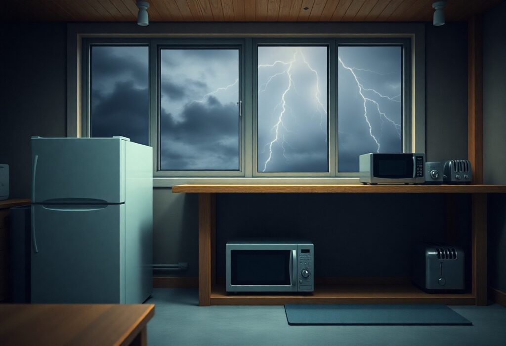 Cocina con tormenta eléctrica de fondo